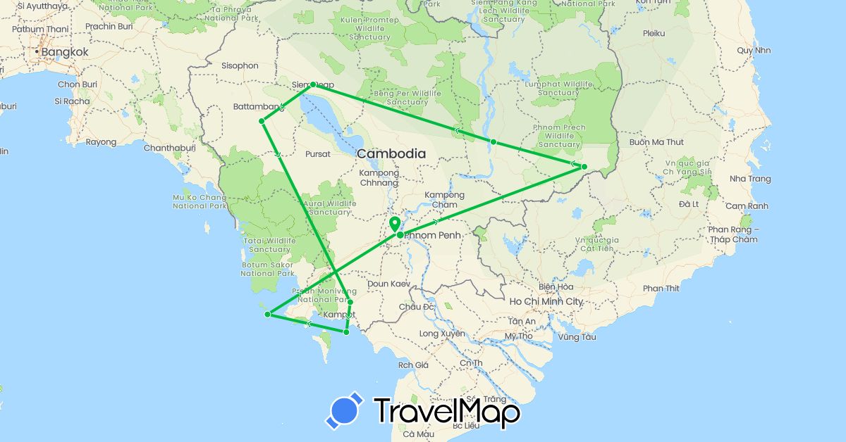 TravelMap itinerary: driving, bus in Cambodia (Asia)